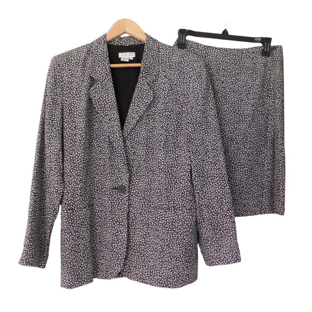 Vintage Talbots‎ Womens Skirt Suit Blazer 2 piece Black White Rayon Lined Size 8